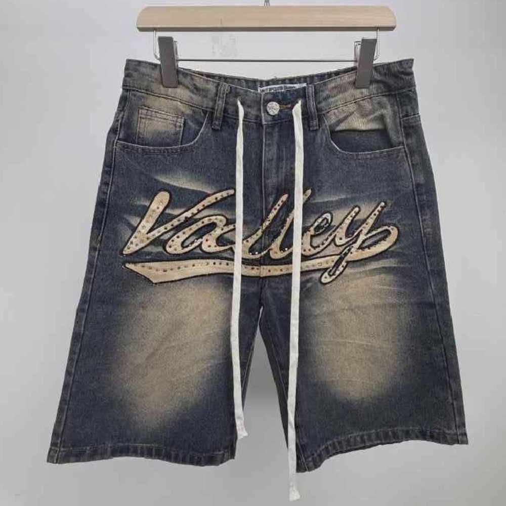 Embroidered Black Washed Denim Jean Shorts with Drawstring